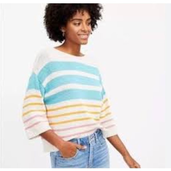 Loft Striped 3/4 Sleeve Sweater Sz Medium Beachy Lightweight Turquoise Colorful - Picture 1 of 9
